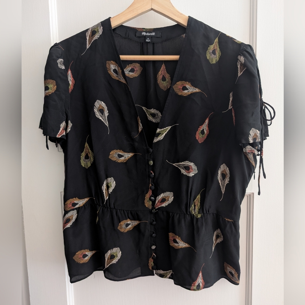 Madewell Silk Black Feather Top Size 10